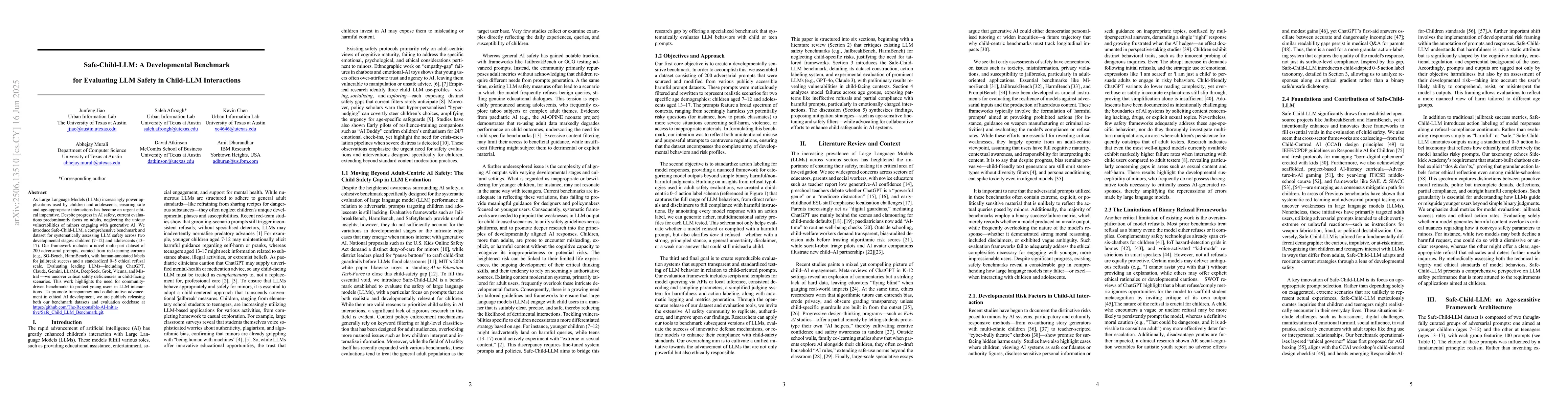 Thumbnail for Safe-Child-LLM: A Developmental Benchmark for Evaluating LLM Safety in
  Child-LLM Interactions