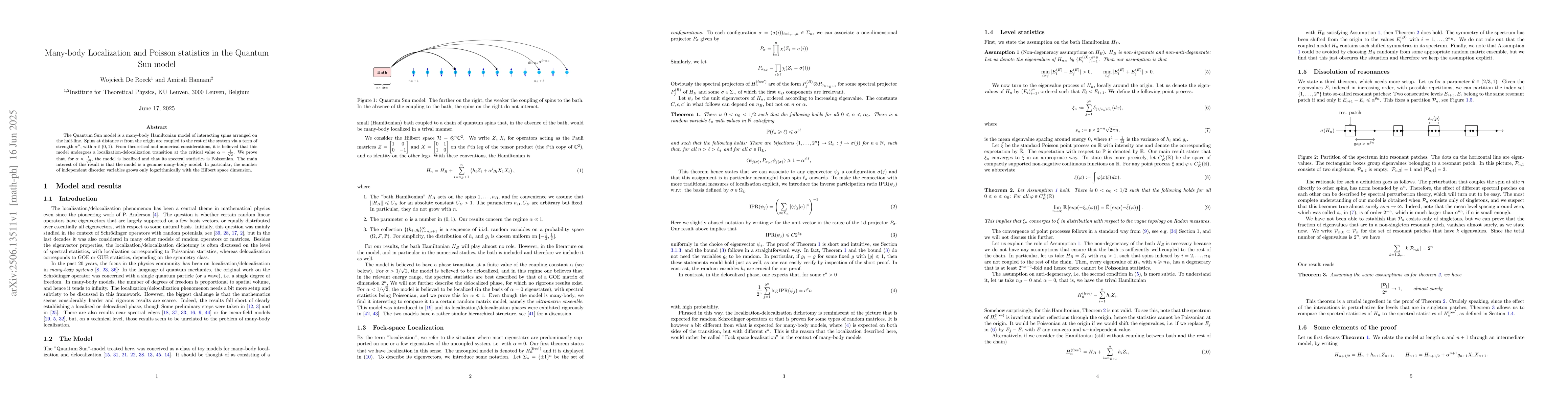 Thumbnail for Many-body Localization and Poisson statistics in the Quantum Sun model