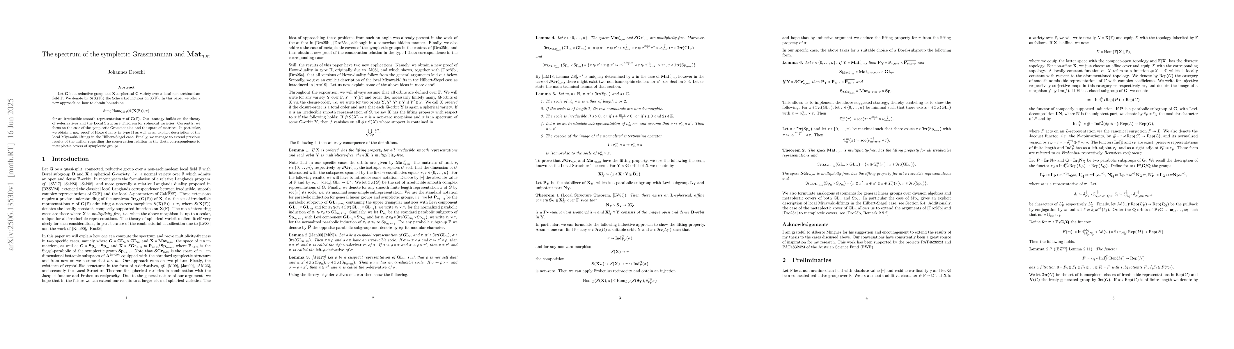 Thumbnail for The spectrum of the symplectic Grassmannian and $\mathrm{Mat}_{n,m}$