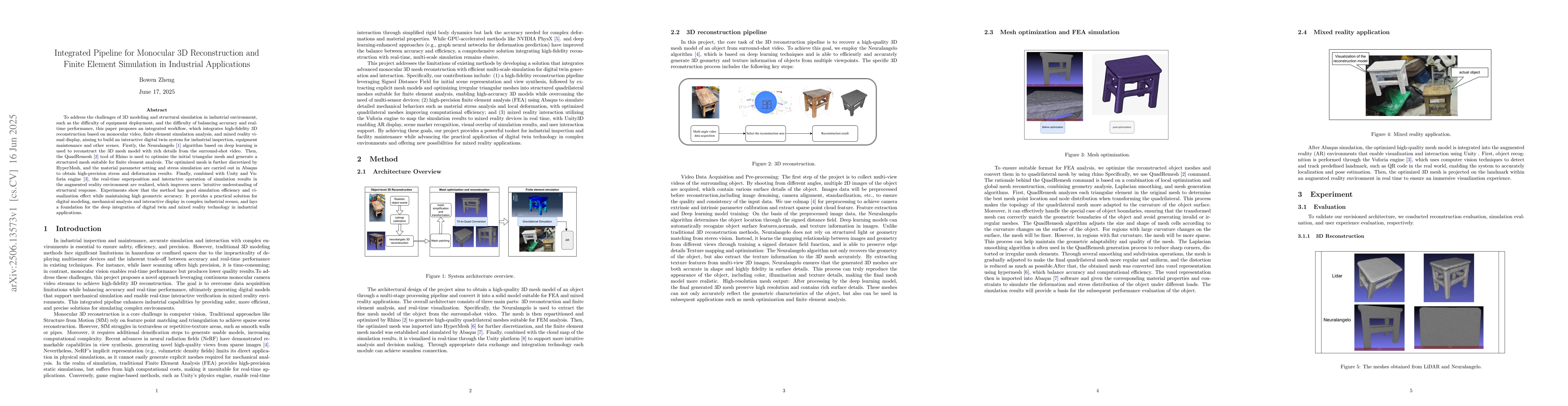 Thumbnail for Integrated Pipeline for Monocular 3D Reconstruction and Finite Element
  Simulation in Industrial Applications