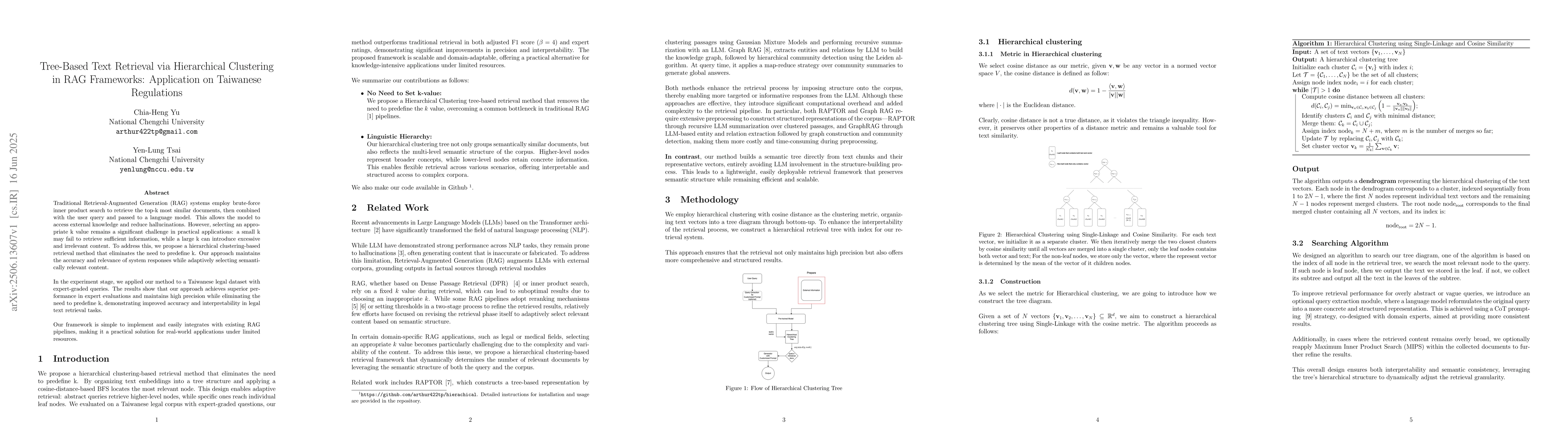 Thumbnail for Tree-Based Text Retrieval via Hierarchical Clustering in RAGFrameworks:
  Application on Taiwanese Regulations