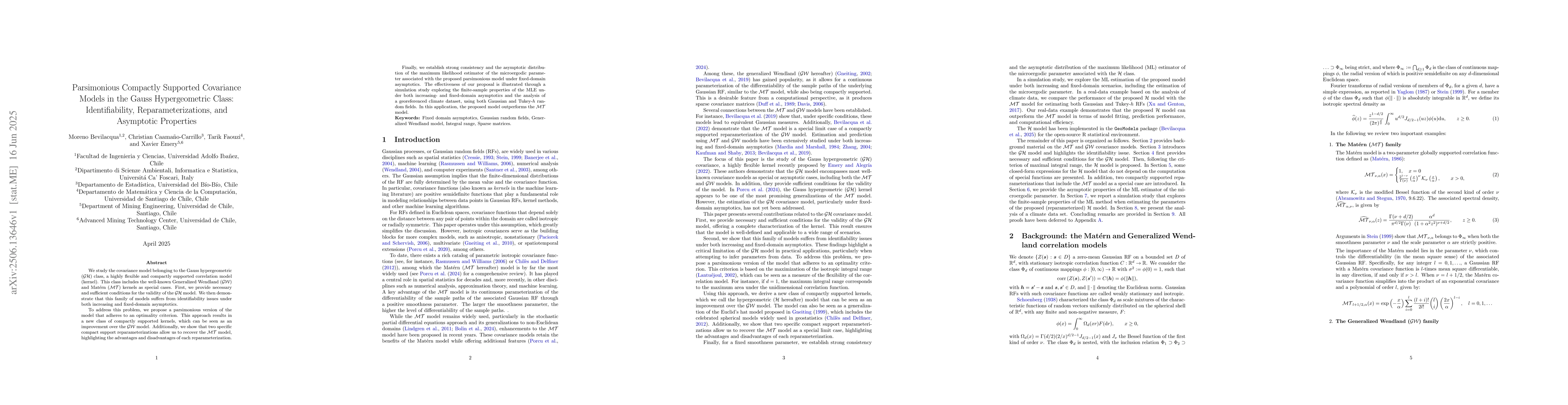 Thumbnail for Parsimonious Compactly Supported Covariance Models in the Gauss
  Hypergeometric Class: Identifiability, Reparameterizations, and Asymptotic
  Properties