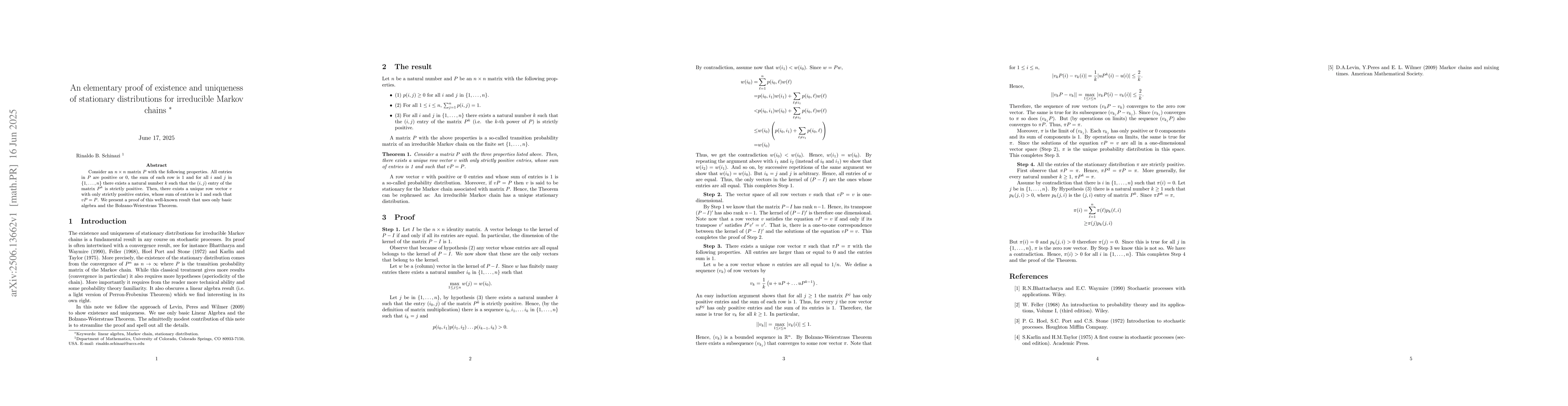 Thumbnail for An elementary proof of existence and uniqueness of stationary
  distributions for irreducible Markov chains