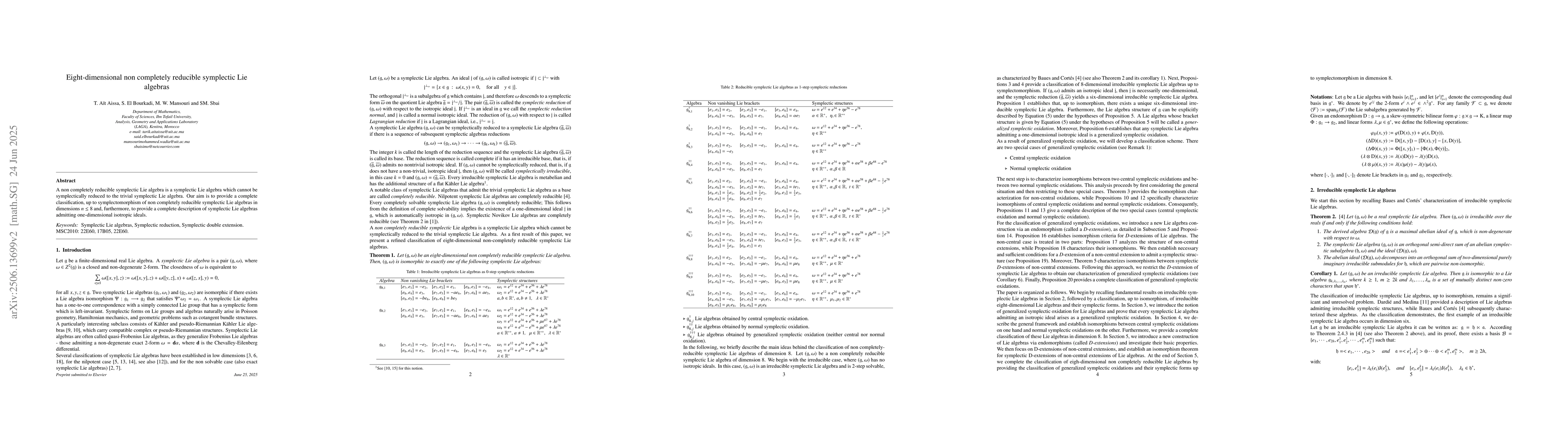 Thumbnail for Eight-dimensional non completely reducible symplectic Lie algebras