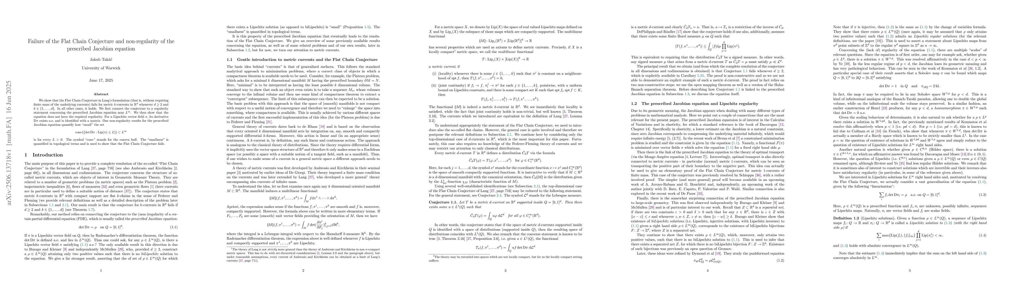 Thumbnail for Failure of the Flat Chain Conjecture and non-regularity of the
  prescribed Jacobian equation