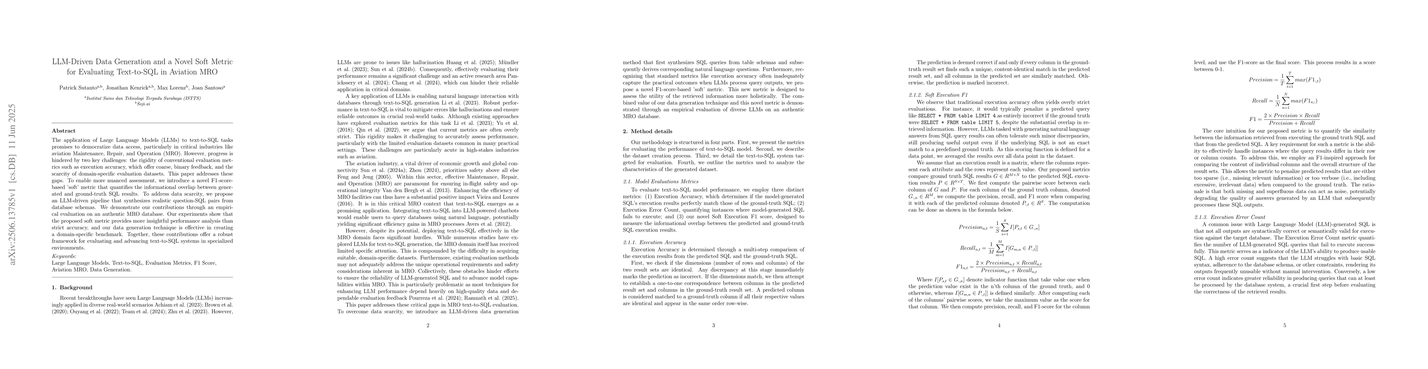 Thumbnail for LLM-Driven Data Generation and a Novel Soft Metric for Evaluating
  Text-to-SQL in Aviation MRO