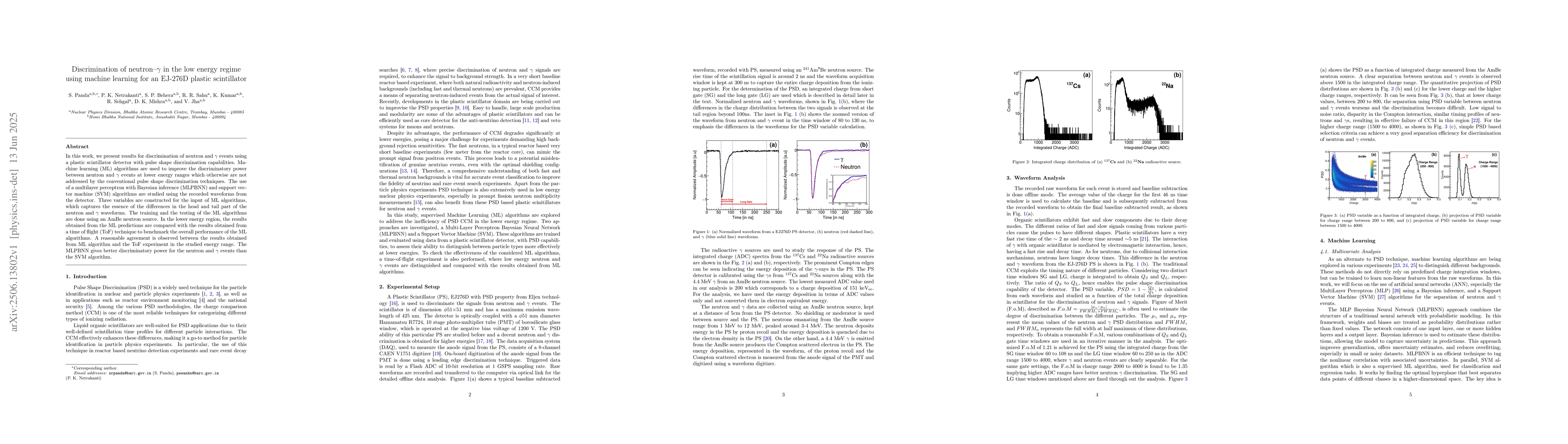 Thumbnail for Discrimination of neutron-$γ$ in the low energy regime using
  machine learning for an EJ-276D plastic scintillator