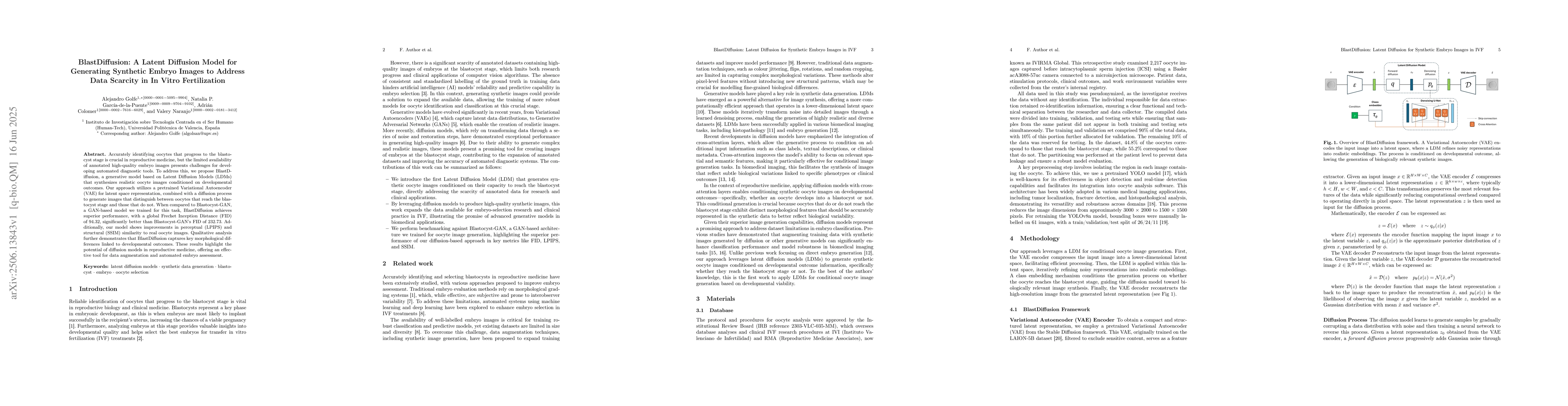 Thumbnail for BlastDiffusion: A Latent Diffusion Model for Generating Synthetic Embryo
  Images to Address Data Scarcity in In Vitro Fertilization