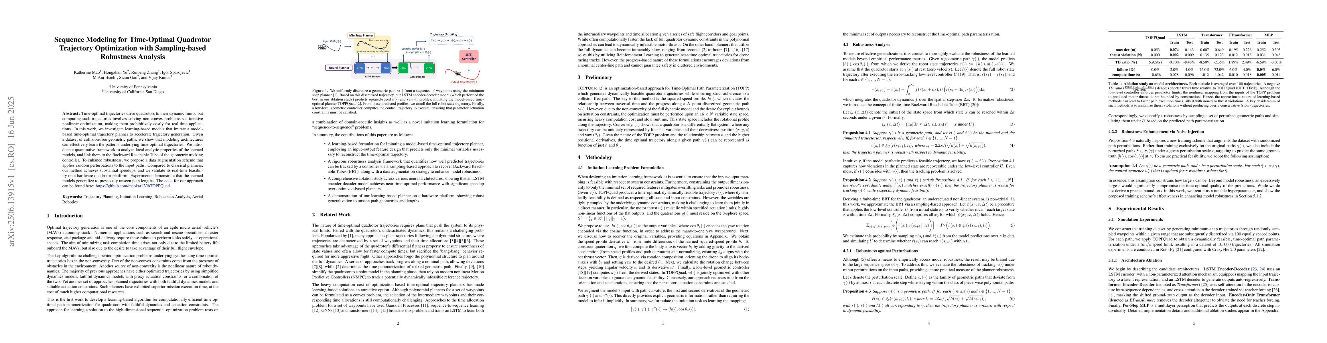Thumbnail for Sequence Modeling for Time-Optimal Quadrotor Trajectory Optimization
  with Sampling-based Robustness Analysis