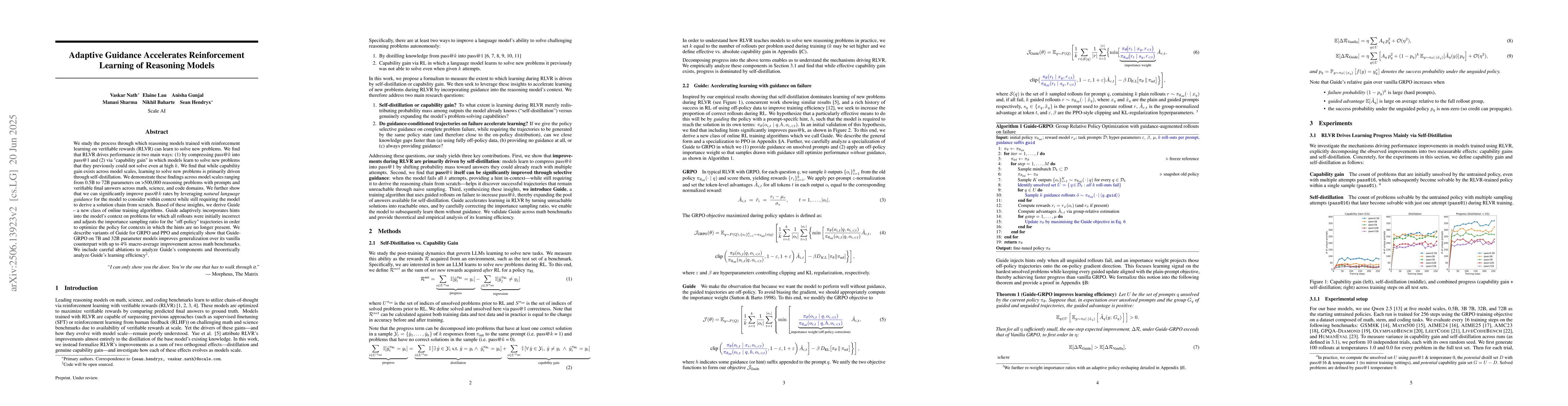 Thumbnail for Adaptive Guidance Accelerates Reinforcement Learning of Reasoning Models