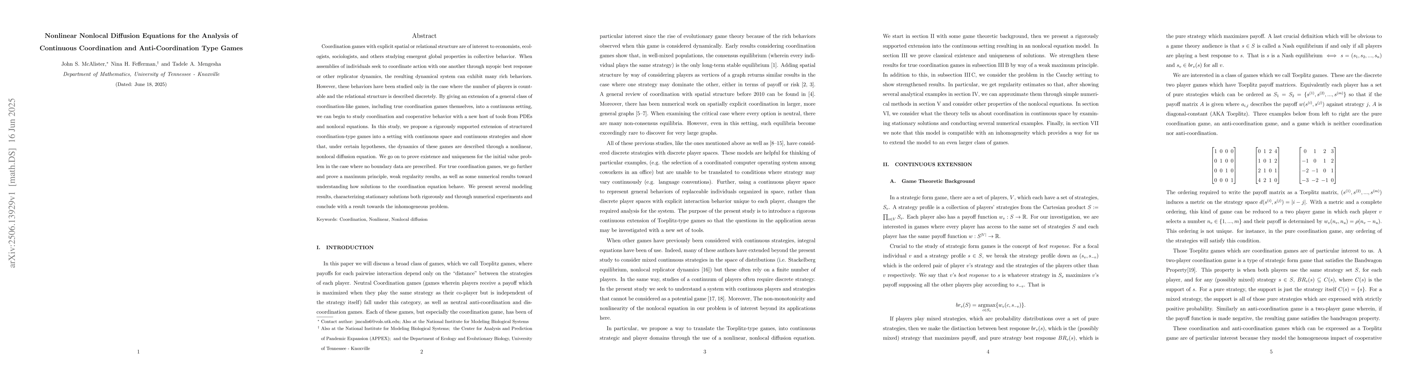 Thumbnail for Nonlinear Nonlocal Diffusion Equations for the Analysis of Continuous
  Coordination and Anti-Coordination Type Games