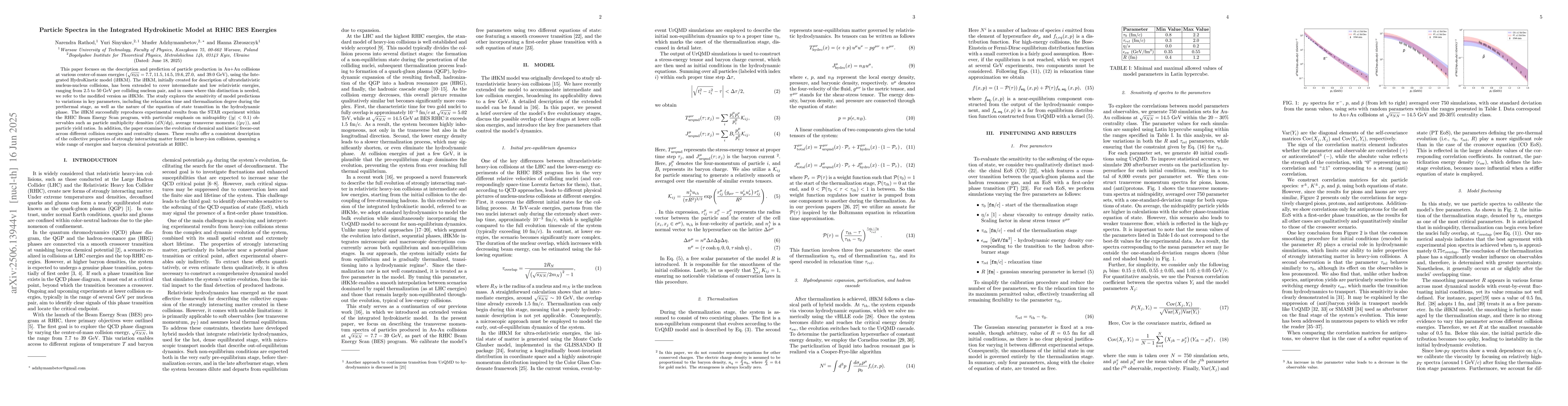 Thumbnail for Particle Spectra in the Integrated HydroKinetic Model at RHIC BES
  Energies