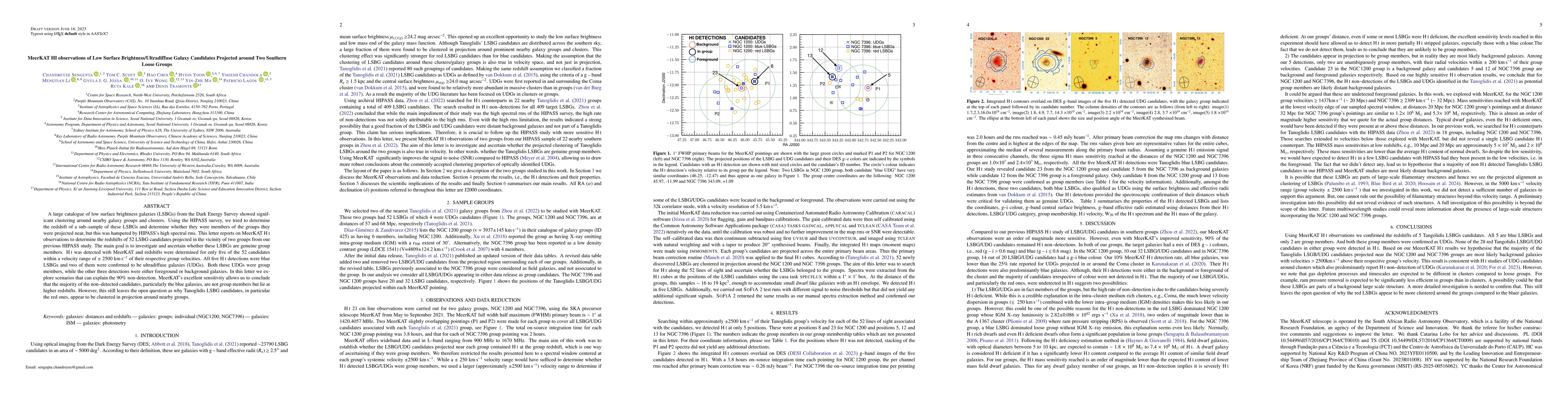 Thumbnail for MeerKAT HI observations of Low Surface Brightness/Ultradiffuse Galaxy
  Candidates Projected around Two Southern Loose Groups