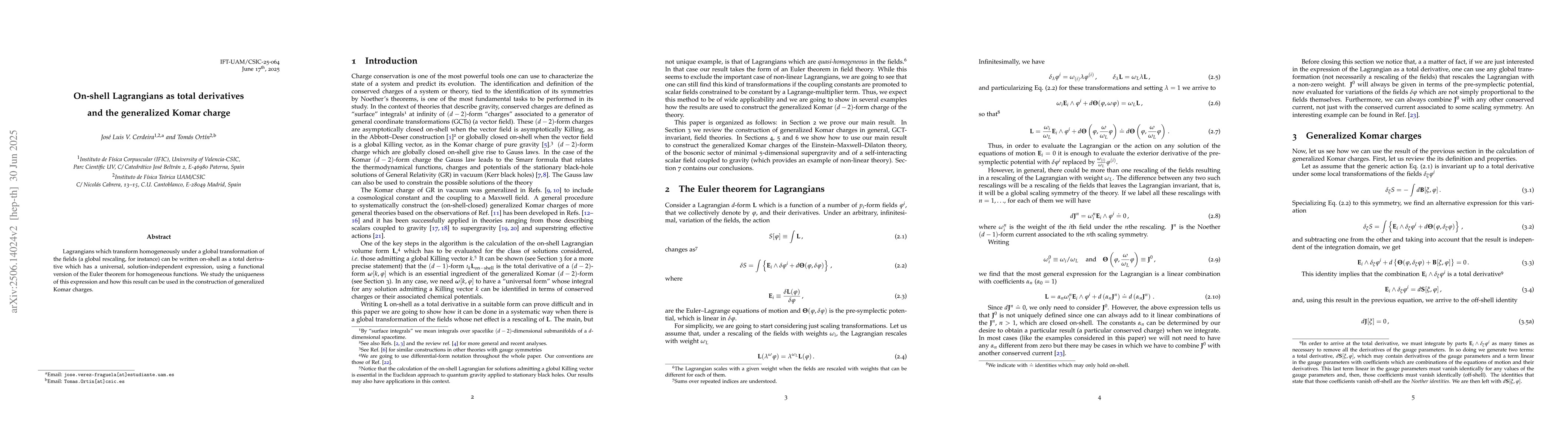 Thumbnail for On-shell Lagrangians as total derivatives and the generalized Komar
  charge