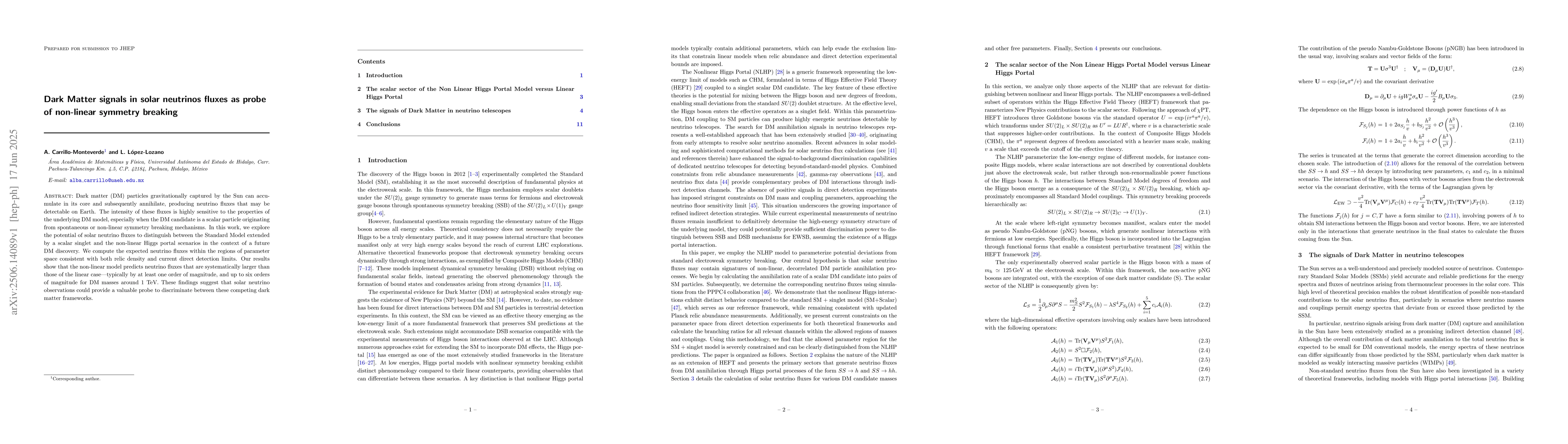Thumbnail for Dark Matter signals in solar neutrinos fluxes as probe of non-linear
  symmetry breaking