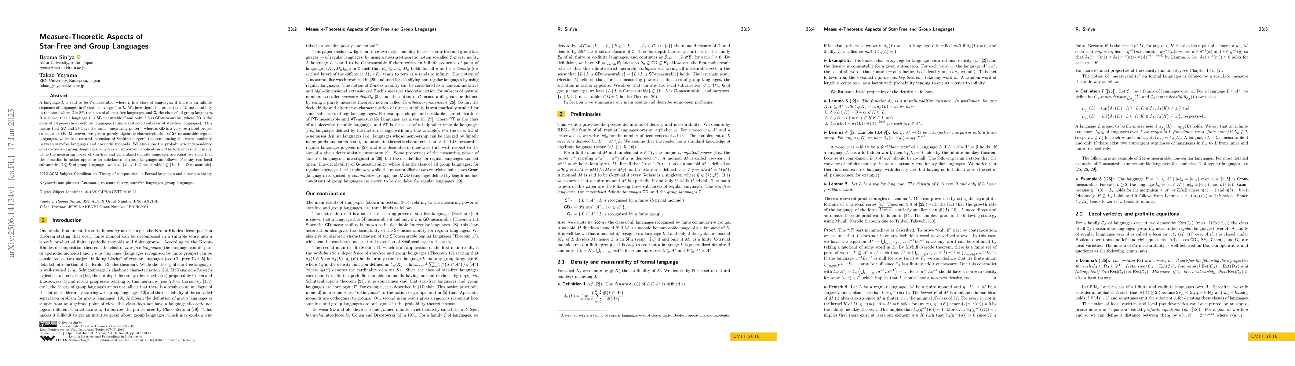 Thumbnail for Measure-Theoretic Aspects of Star-Free and Group Languages