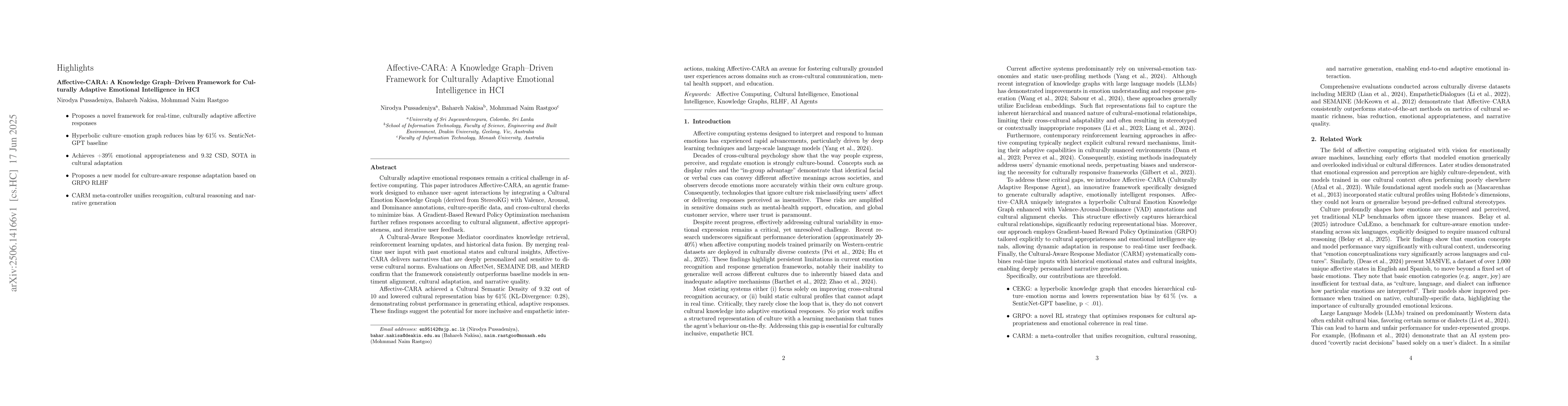 Thumbnail for Affective-CARA: A Knowledge Graph Driven Framework for Culturally
  Adaptive Emotional Intelligence in HCI