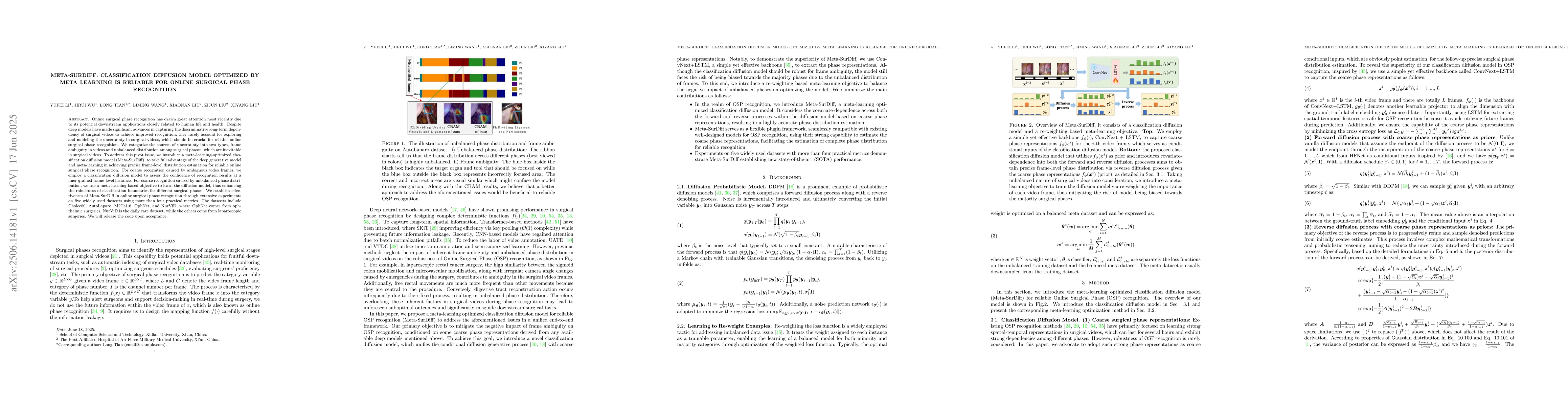 Thumbnail for Meta-SurDiff: Classification Diffusion Model Optimized by Meta Learning
  is Reliable for Online Surgical Phase Recognition