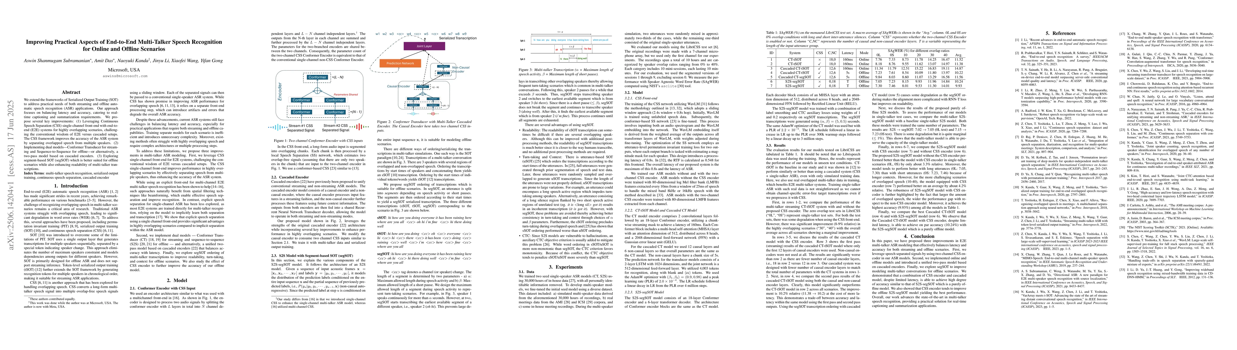 Thumbnail for Improving Practical Aspects of End-to-End Multi-Talker Speech
  Recognition for Online and Offline Scenarios
