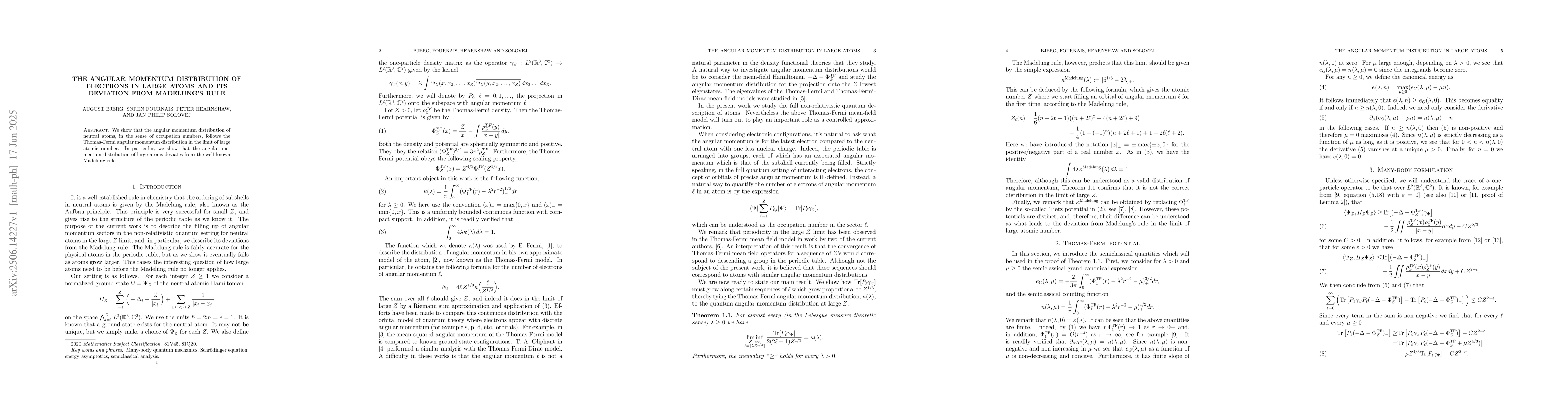 Thumbnail for The angular momentum distribution of electrons in large atoms and its
  deviation from Madelung's rule
