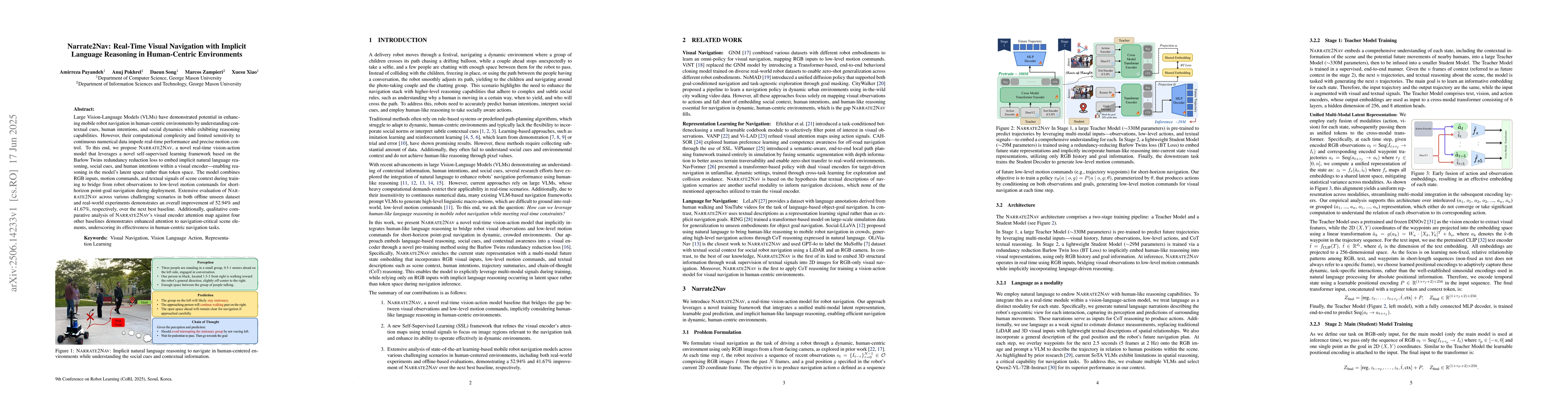 Thumbnail for Narrate2Nav: Real-Time Visual Navigation with Implicit Language
  Reasoning in Human-Centric Environments
