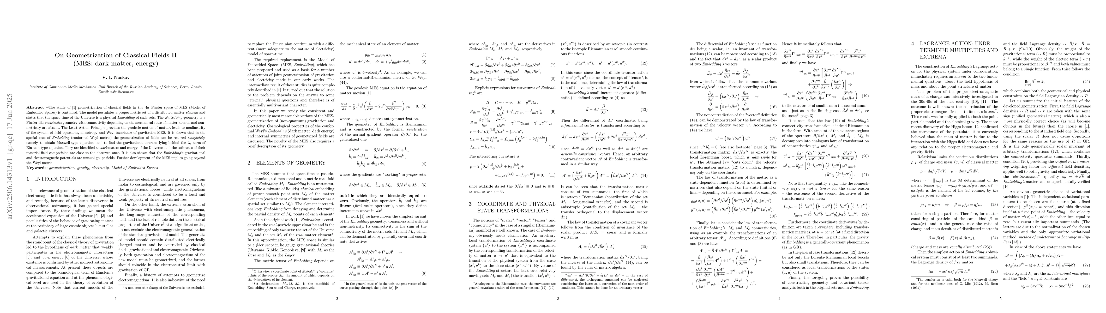 Thumbnail for On Geometrization of Classical Fields II (MES: dark matter, energy)