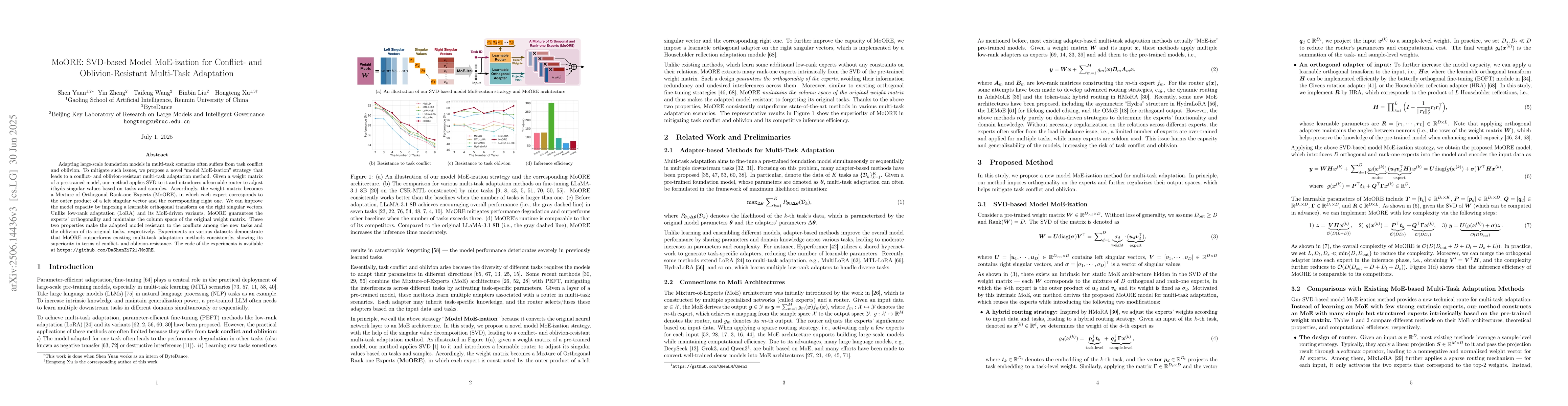 Thumbnail for MoORE: SVD-based Model MoE-ization for Conflict- and Oblivion-Resistant
  Multi-Task Adaptation