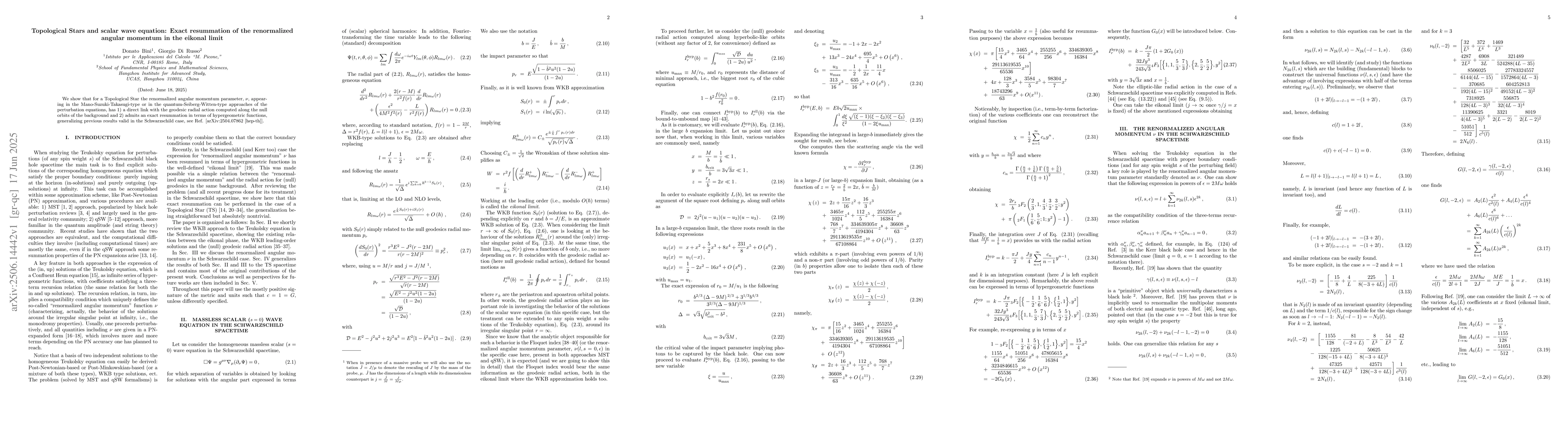 Thumbnail for Topological Stars and scalar wave equation: Exact resummation of the
  renormalized angular momentum in the eikonal limit