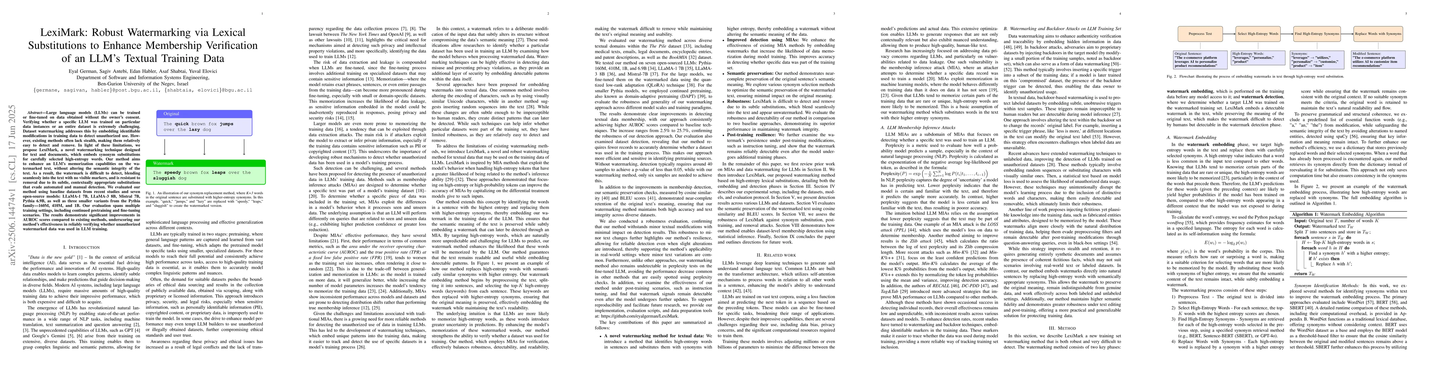 Thumbnail for LexiMark: Robust Watermarking via Lexical Substitutions to Enhance
  Membership Verification of an LLM's Textual Training Data