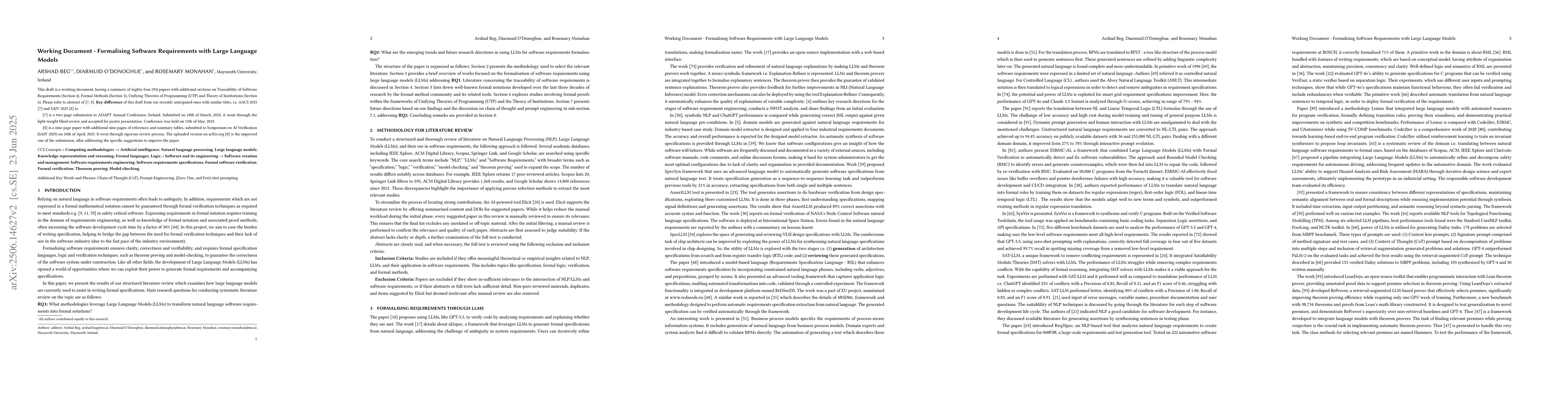 Thumbnail for Working Document -- Formalising Software Requirements with Large
  Language Models