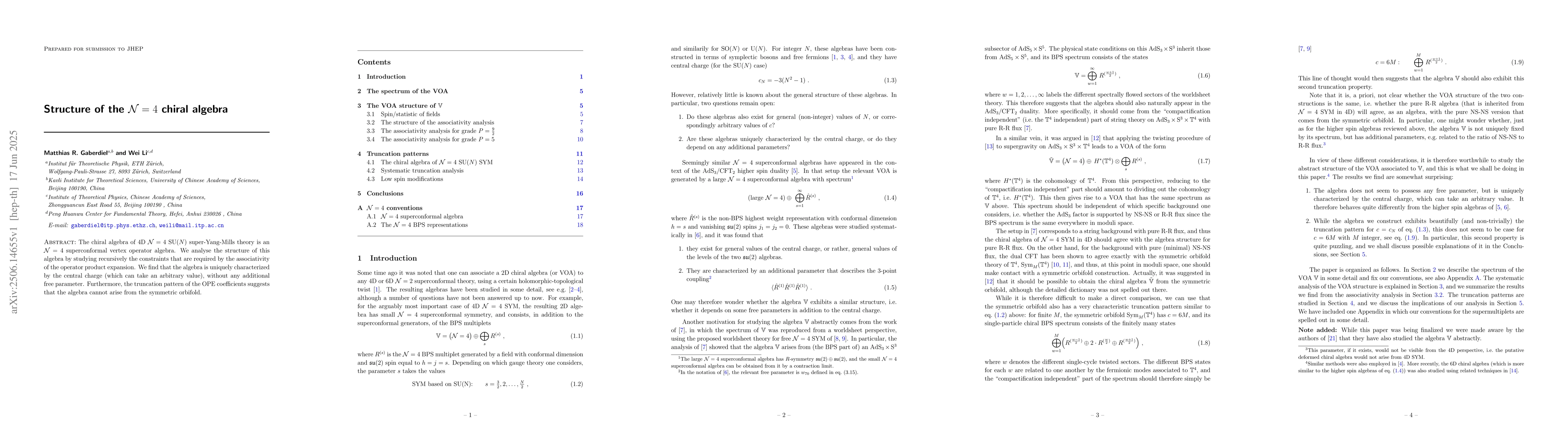Thumbnail for Structure of the $\mathcal{N}=4$ chiral algebra