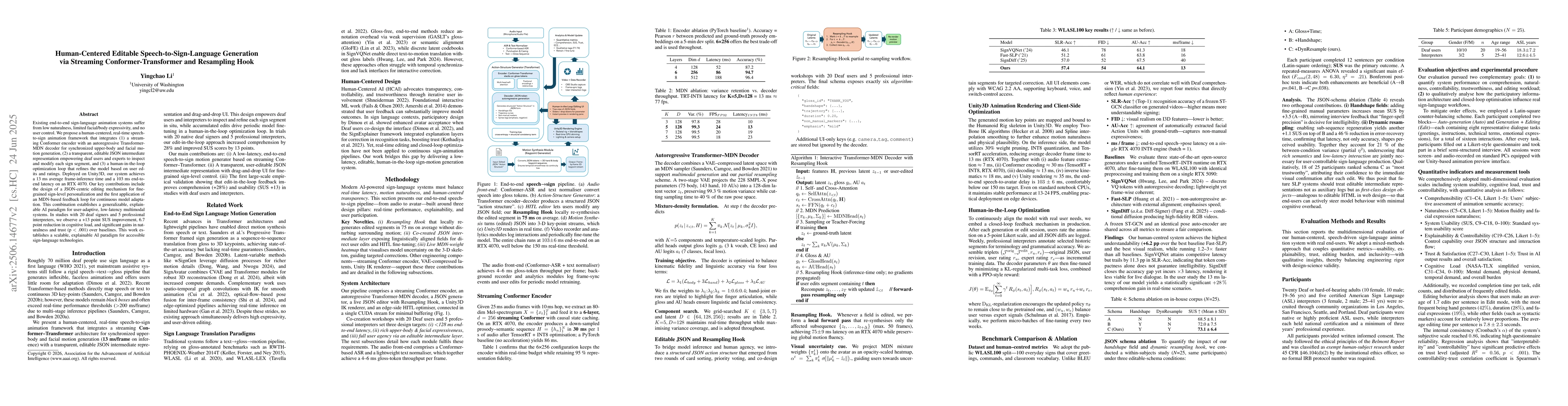 Thumbnail for Human-Centered Editable Speech-to-Sign-Language Generation via Streaming
  Conformer-Transformer and Resampling Hook