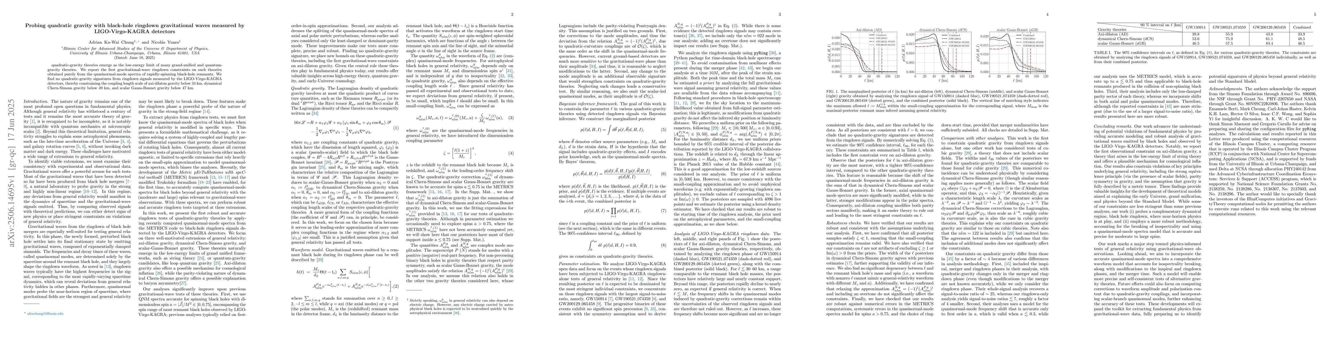 Thumbnail for Probing quadratic gravity with black-hole ringdown gravitational waves
  measured by LIGO-Virgo-KAGRA detectors