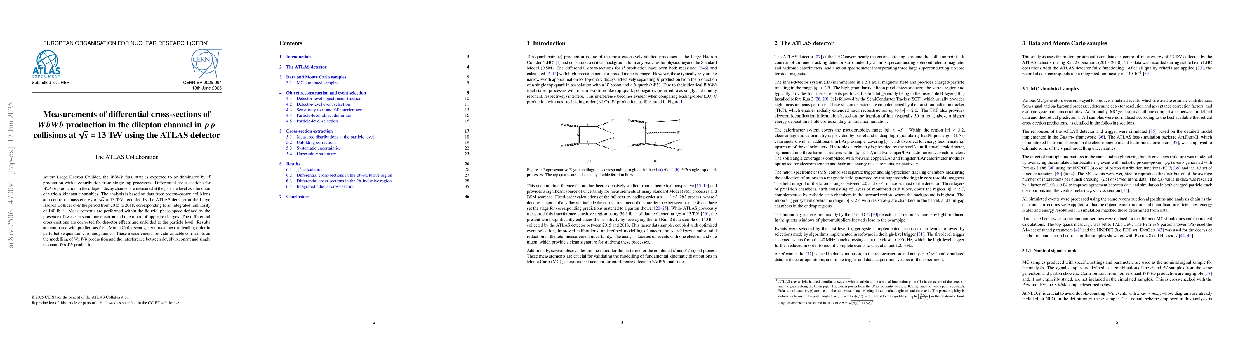 Thumbnail for Measurements of differential cross-sections of $WbWb$ production in the
  dilepton channel in $pp$ collisions at $\sqrt{s}$ = 13 TeV using the ATLAS
  detector