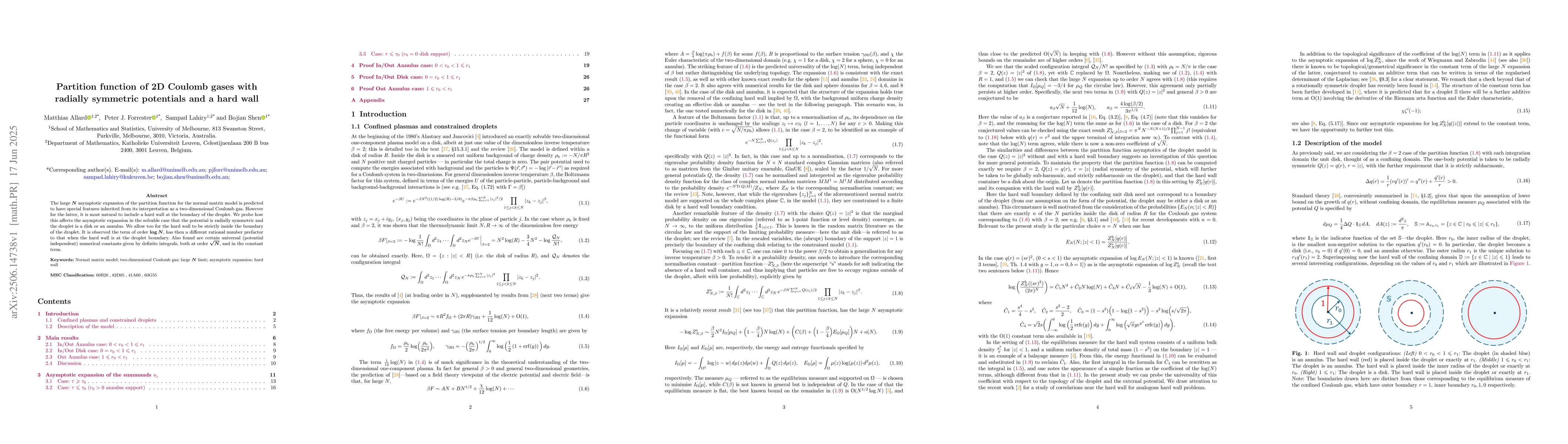 Thumbnail for Partition function of 2D Coulomb gases with radially symmetric
  potentials and a hard wall