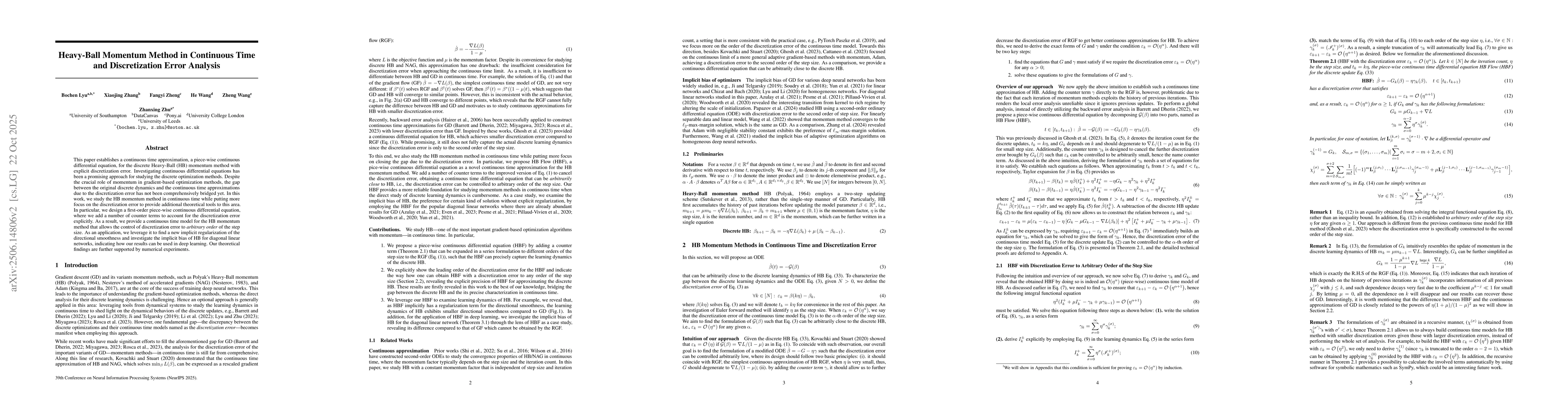 Thumbnail for Heavy-Ball Momentum Method in Continuous Time and Discretization Error
  Analysis