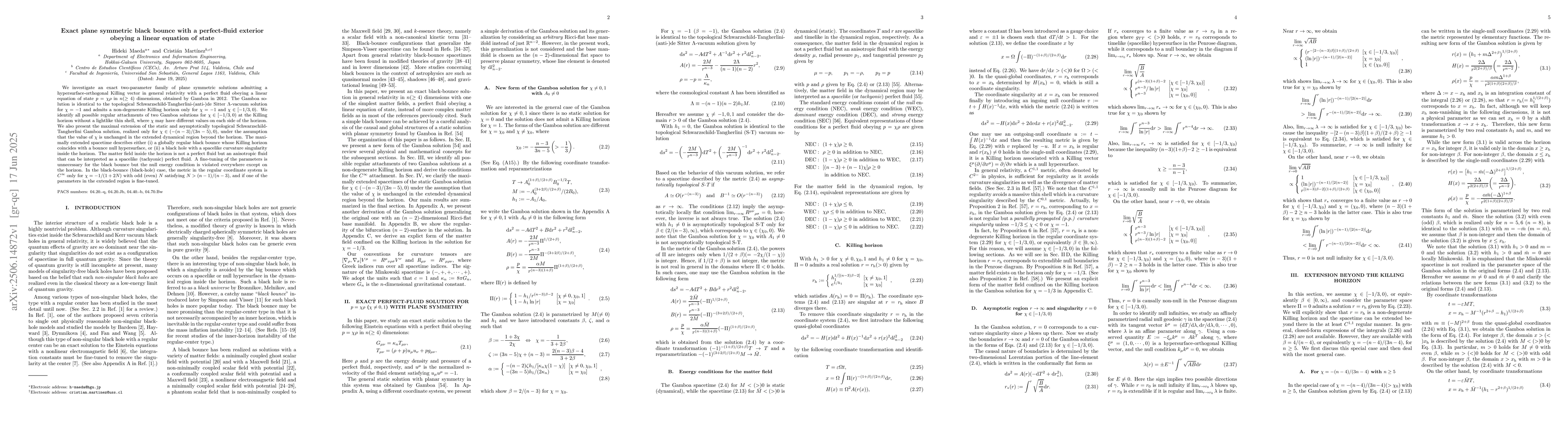 Thumbnail for Exact plane symmetric black bounce with a perfect-fluid exterior obeying
  a linear equation of state