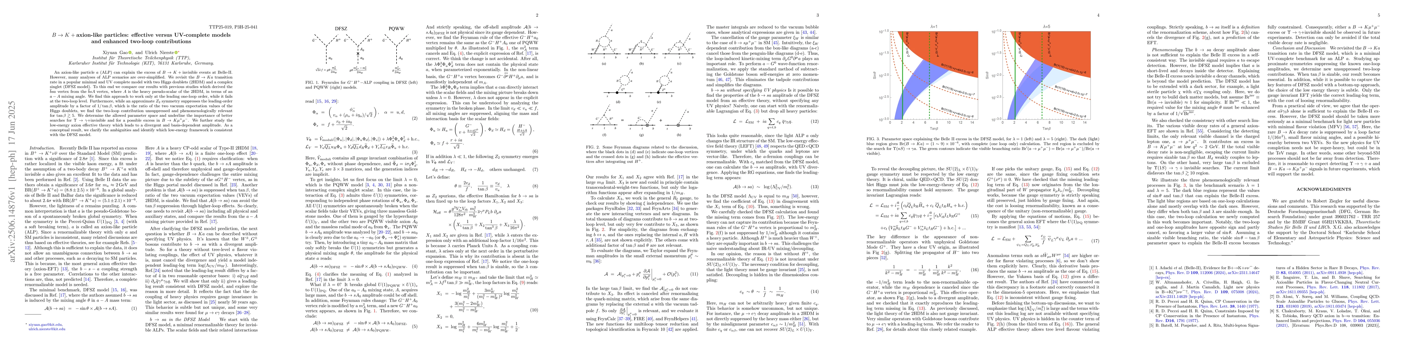 Thumbnail for $B\rightarrow K + \text{axion-like particles}$: effective versus
  UV-complete models and enhanced two-loop contributions