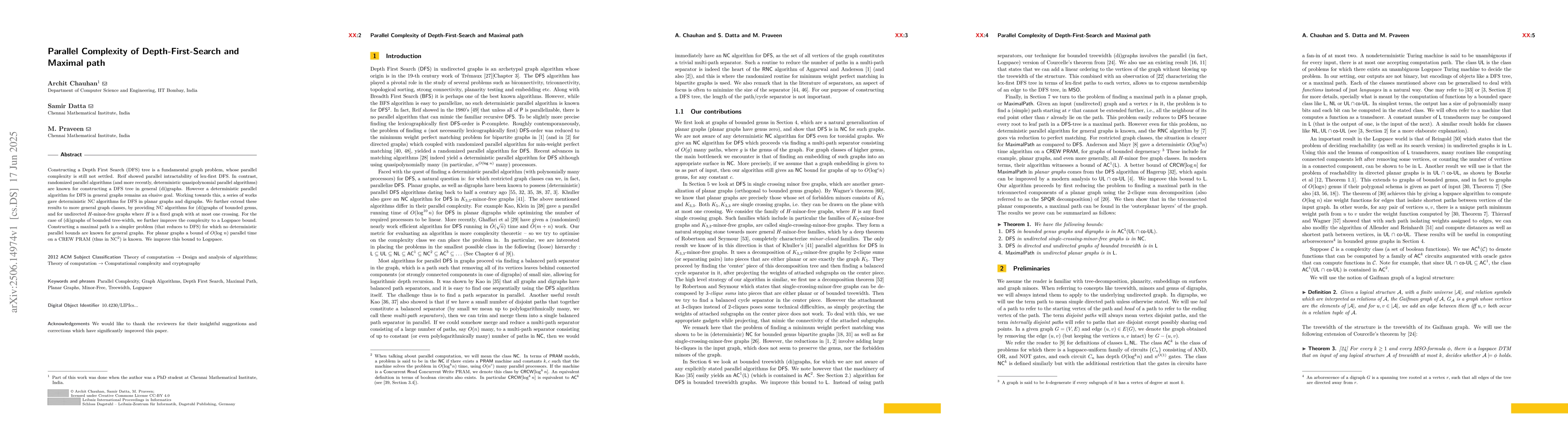 Thumbnail for Parallel Complexity of Depth-First-Search and Maximal path
