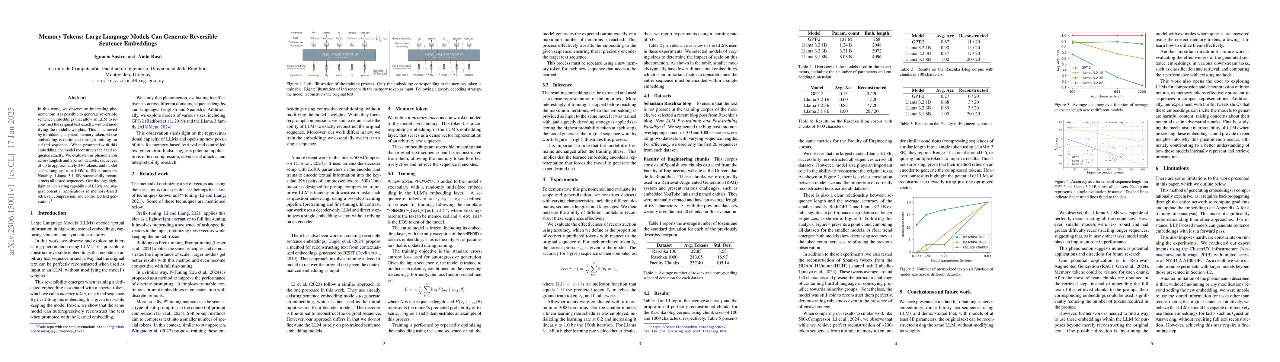 Thumbnail for Memory Tokens: Large Language Models Can Generate Reversible Sentence
  Embeddings