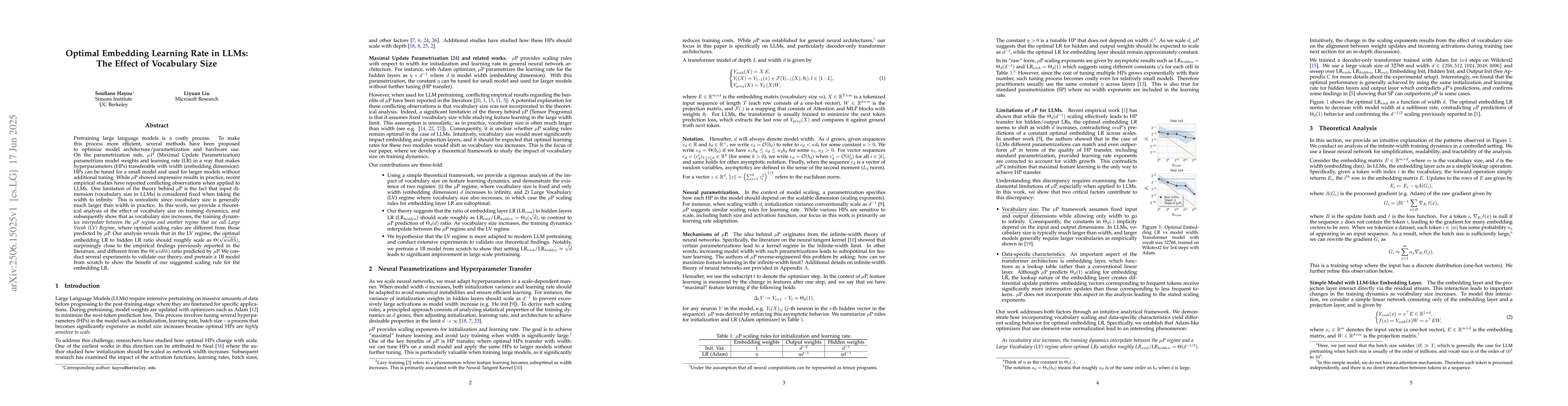 Thumbnail for Optimal Embedding Learning Rate in LLMs: The Effect of Vocabulary Size
