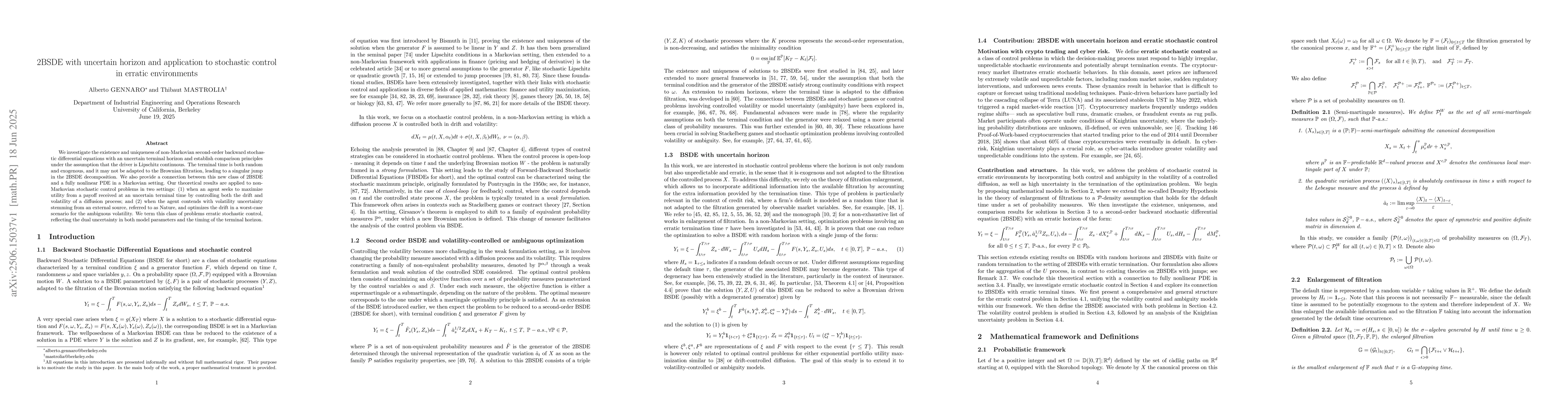 Thumbnail for 2BSDE with uncertain horizon and application to stochastic control in
  erratic environments