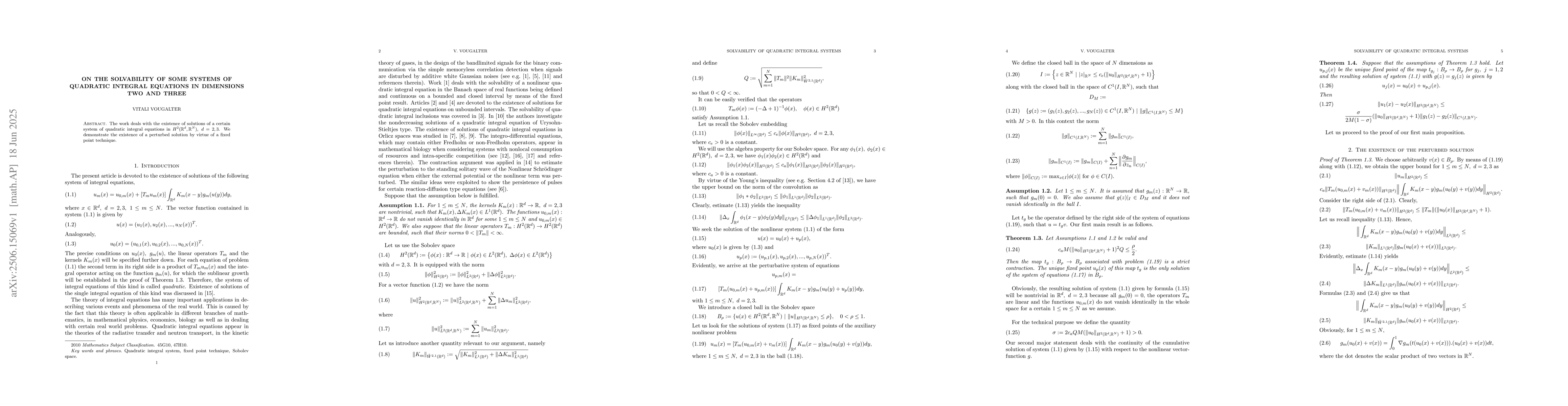 Thumbnail for On the solvability of some systems of quadratic integral equations in
  dimensions two and three