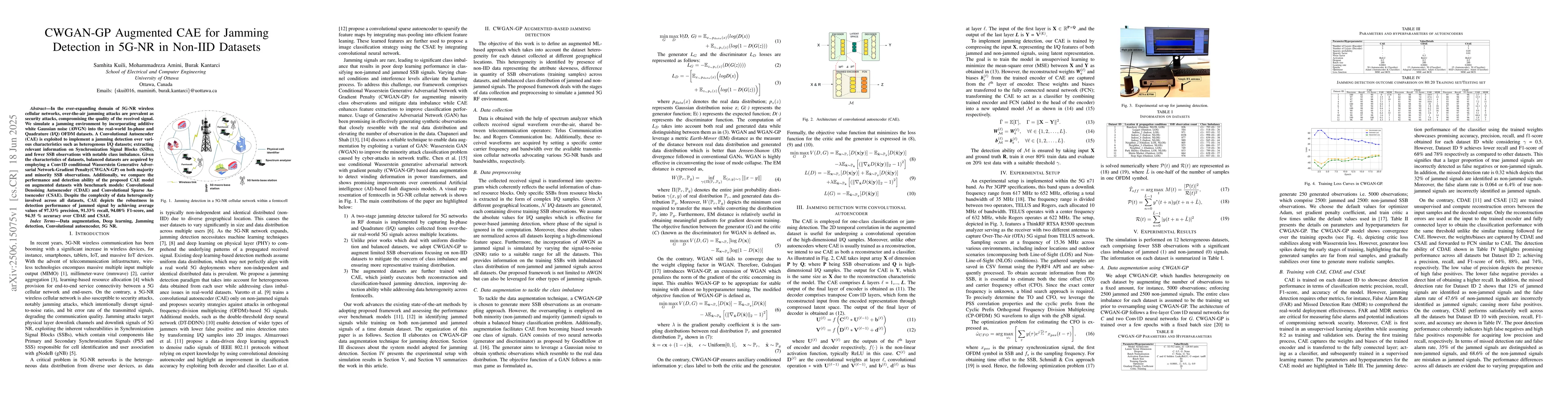 Thumbnail for CWGAN-GP Augmented CAE for Jamming Detection in 5G-NR in Non-IID
  Datasets