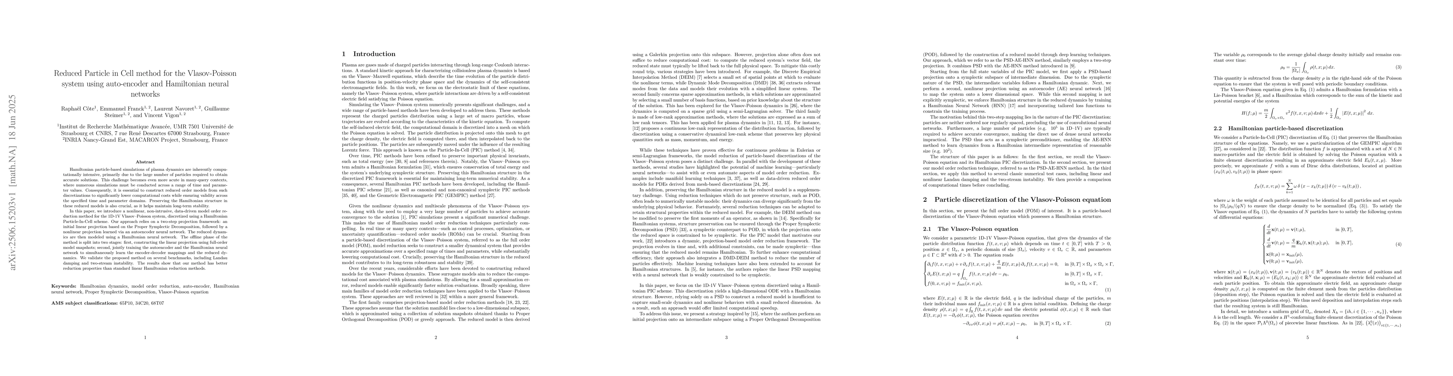 Thumbnail for Reduced Particle in Cell method for the Vlasov-Poisson system using
  auto-encoder and Hamiltonian neural