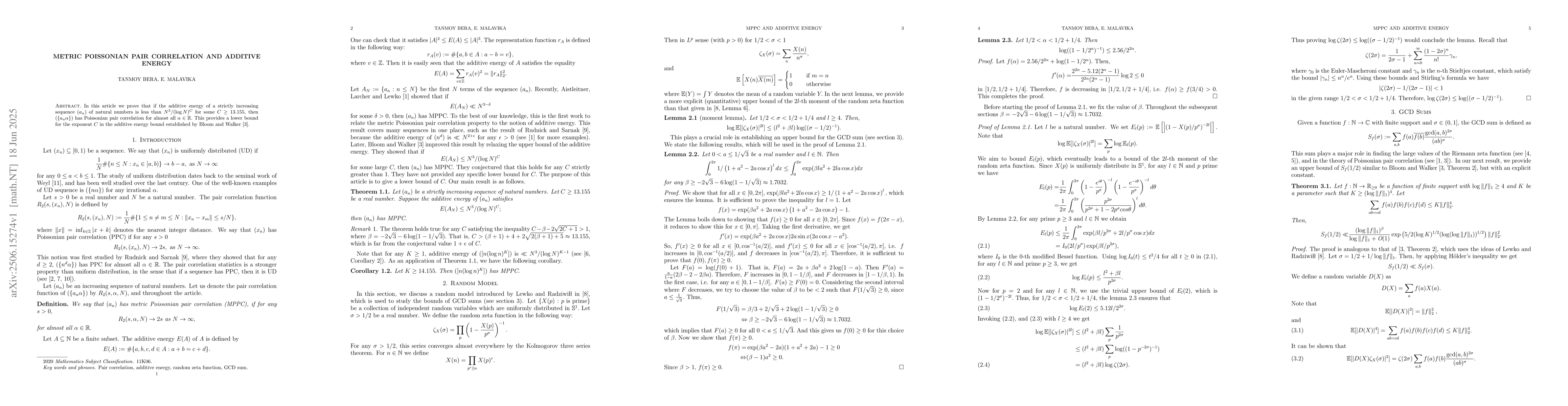 Thumbnail for Metric Poissonian pair correlationa and additive energy