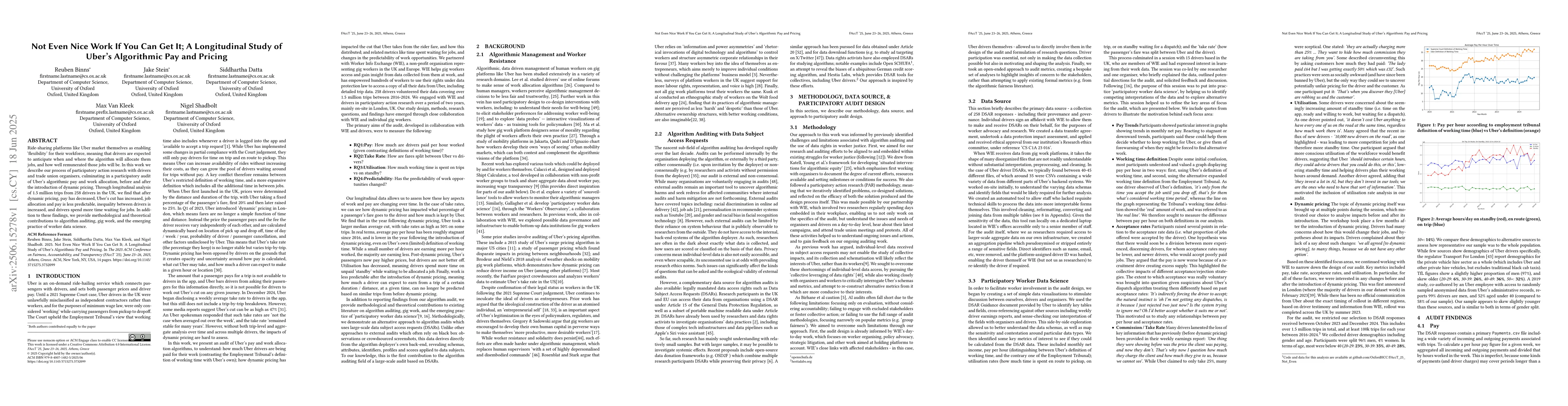 Thumbnail for Not Even Nice Work If You Can Get It; A Longitudinal Study of Uber's
  Algorithmic Pay and Pricing