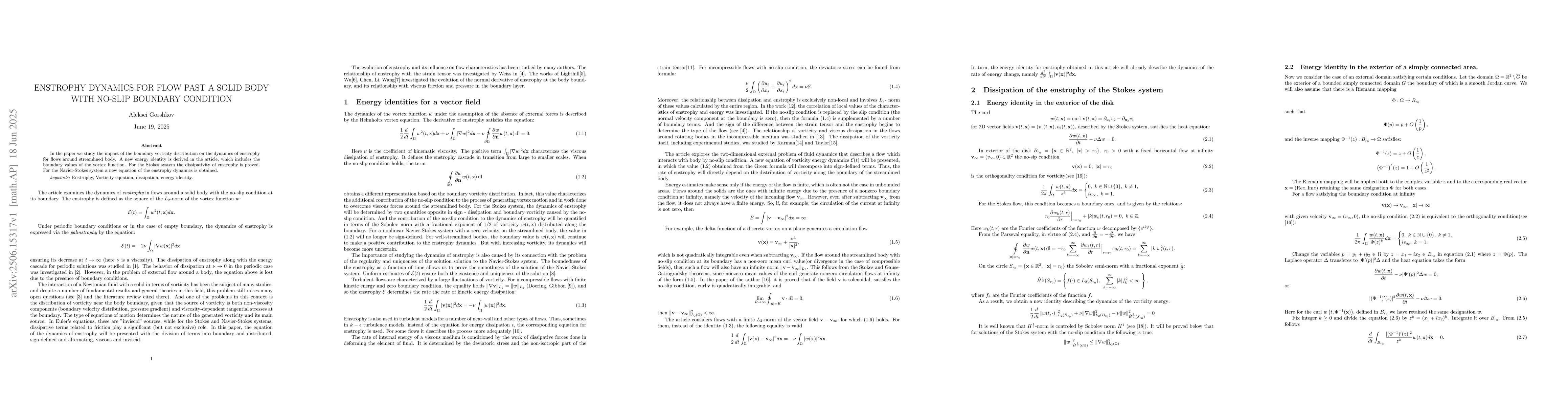 Thumbnail for Enstrophy dynamics for flow past a solid body with no-slip boundary
  condition