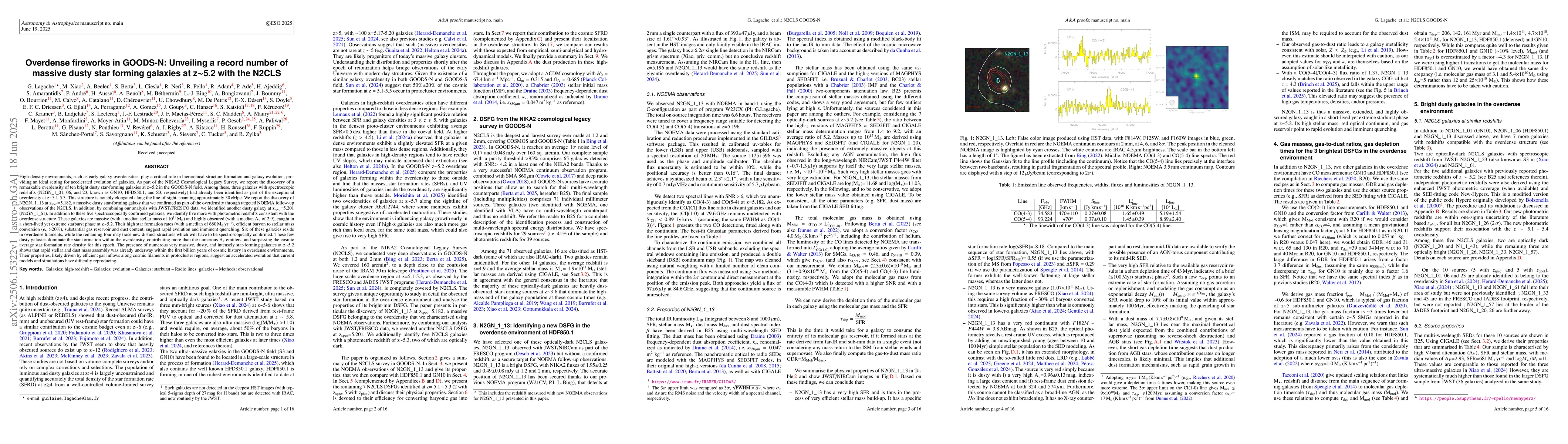 Thumbnail for Overdense fireworks in GOODS-N: Unveiling a record number of massive
  dusty star forming galaxies at z$\sim$5.2 with the N2CLS