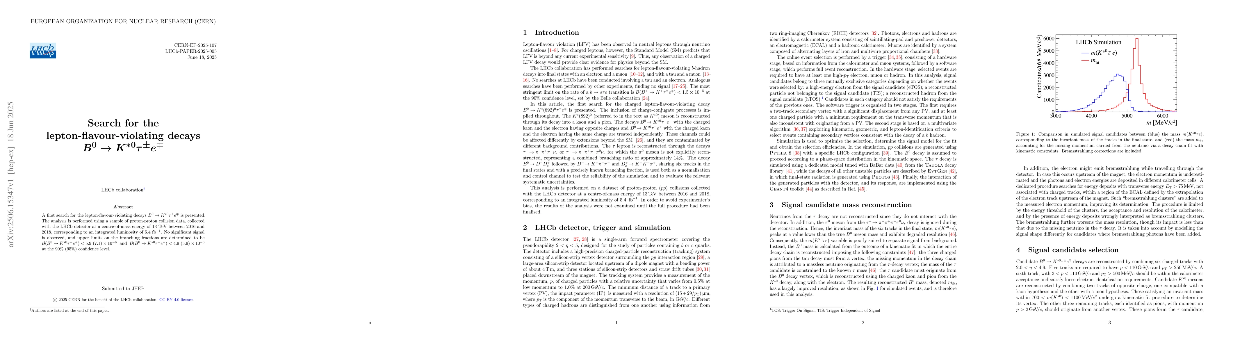 Thumbnail for Search for the lepton-flavour-violating decays $B^0 \to K^{*0} τ^\pm
  e^\mp$